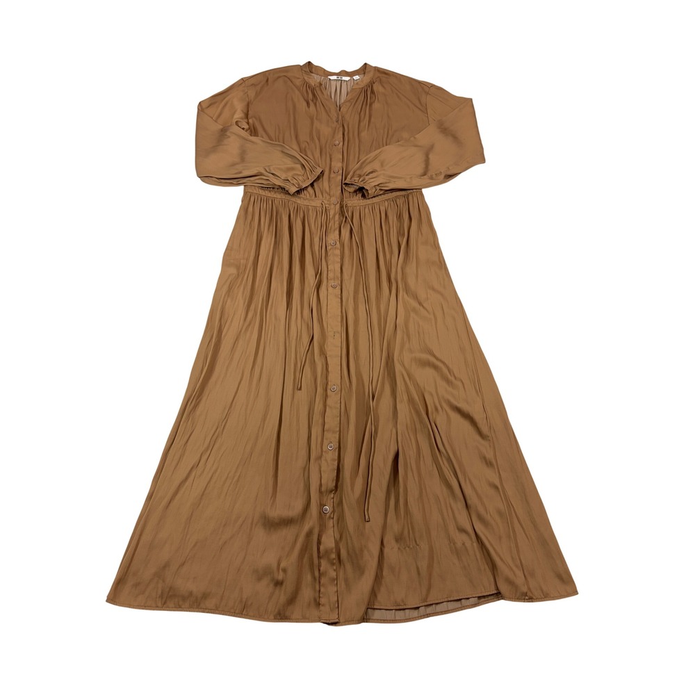 Uniqlo Brown Satin Button Front Drawstring Waist Long Sleeve Maxi Dress Small‎